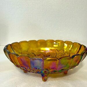 1970s Marigold Carnival Glass Oval Footed Bowl Garland Fruit Bowl